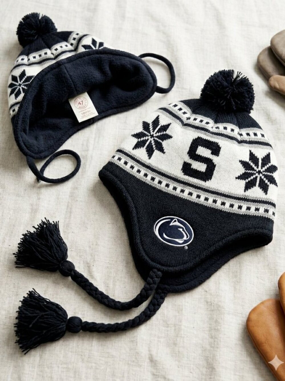 47 Brand Penn State Nittany Lions Youth Earflap Winter Beanie Hat Navy Blue Whit